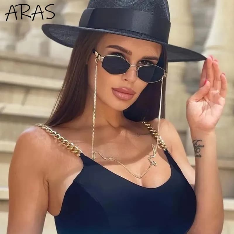 Retro Small Frame Hexagon Sunglasses Women With Chain 2025 Luxury Brand Steampunk Unique Polygon Sun Glasses For Ladies Eyewear