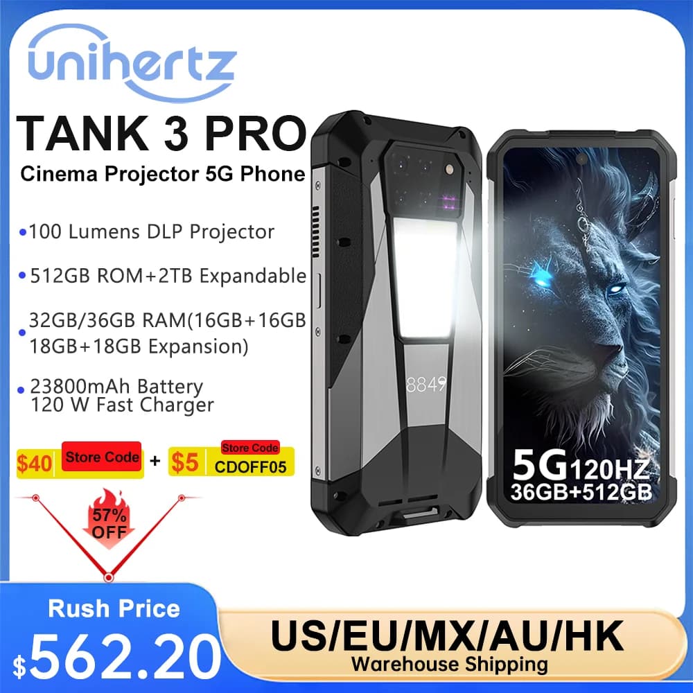 Unihertz 8849 Tank 3 Pro 5G Projector Phone 32GB 36GB RAM 512GB ROM Cell Phone 23800mAh 120W Fast Charger 200MP Camera Dual Sim
