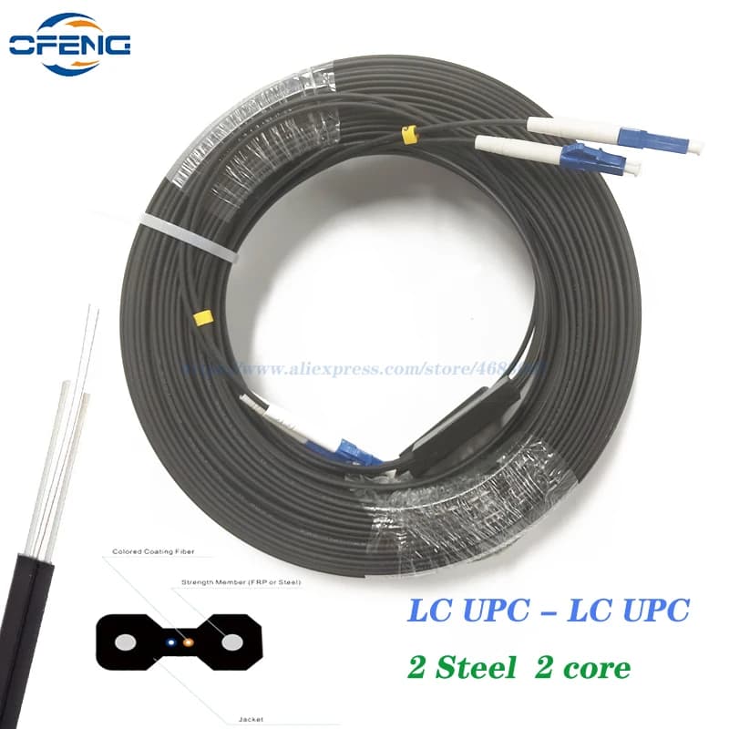 Outdoor Fiber Optic Drop Cable, LC UPC, 2 Steel, 2 Core, 200m, SM G657A Patch Cord, Jumper customized