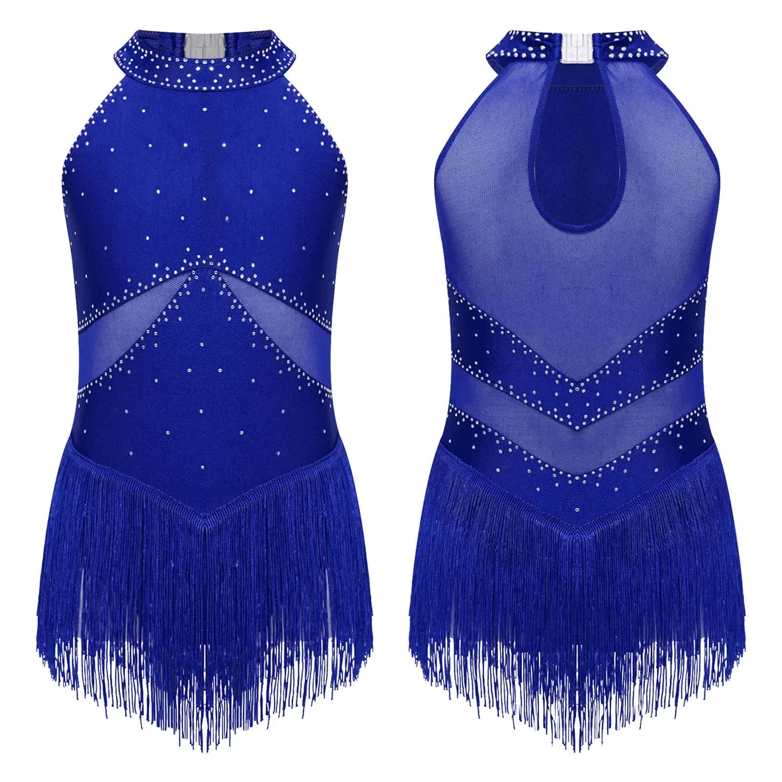 Kids Girls Sleeveless Fringed Bodysuit Moden Latin Jazz Dance Leotard Dress Rhinestones Gymnastics Skating Performance Costumes
