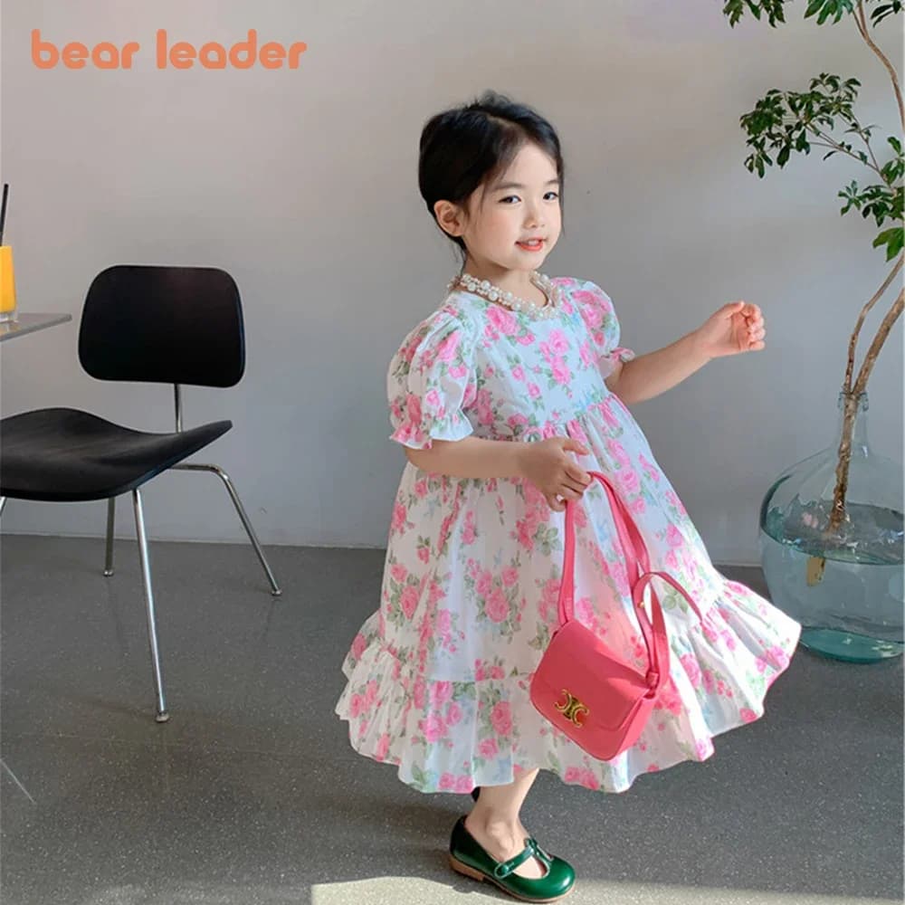 Bear Leader Girl Princess Flower Dress Puff Sleeve Toddler Summer Flower Tutu Mesh Vestido Party Pageant Birthday Baby Clothes