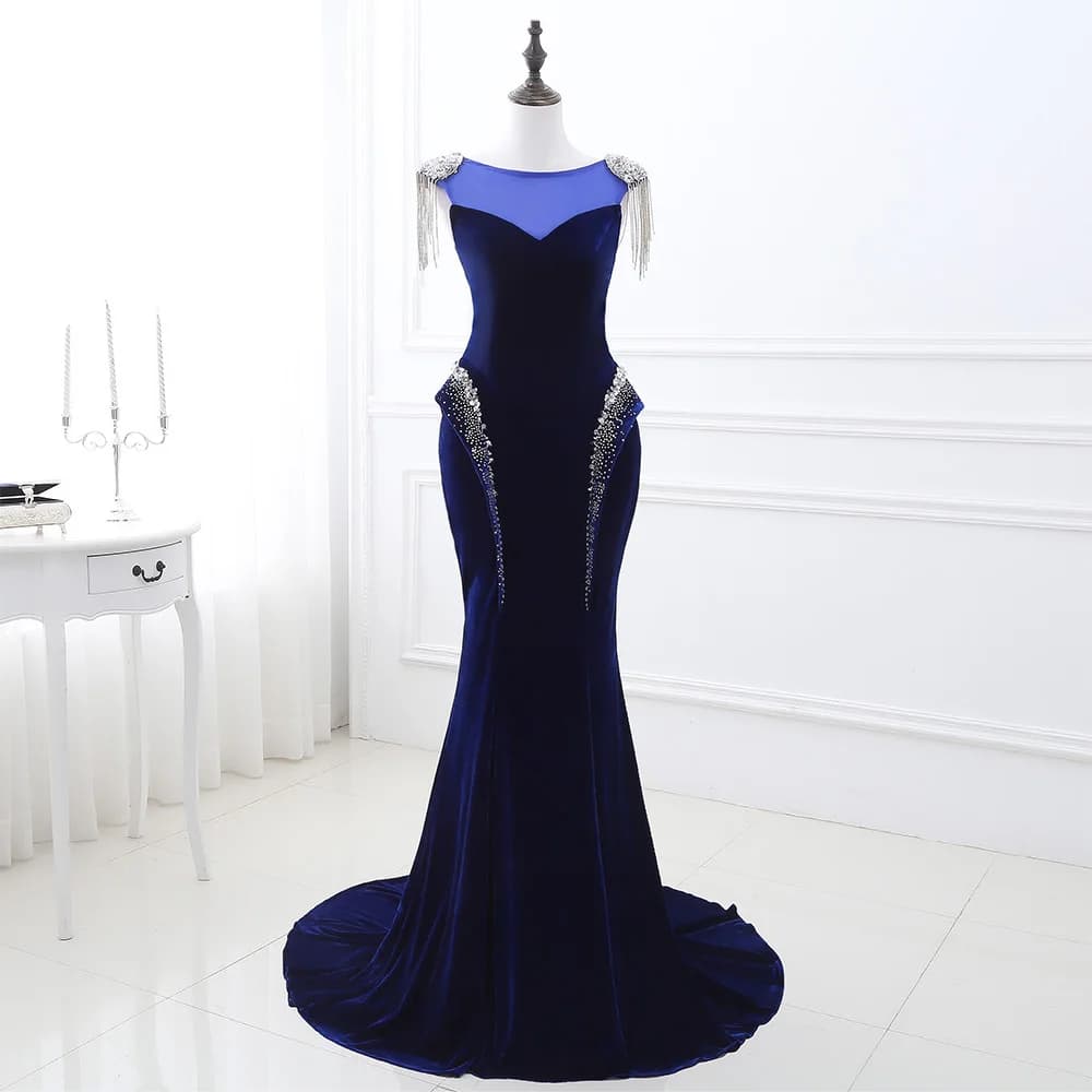customizedClassic Velvet Mermaid Crystal Evening Dress High Quality Floor Length Crew neck Sleeveless فساتين سهره نسائيه فخمة