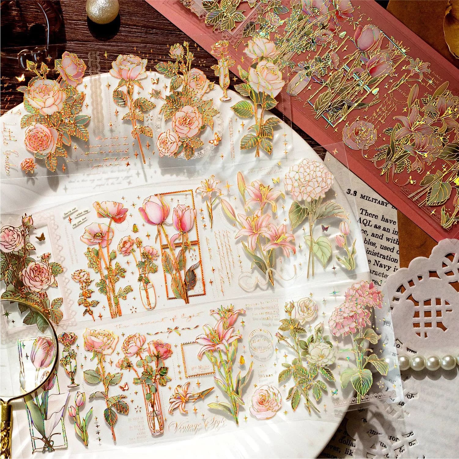 3 Sheets/pack Flower Gold Foil Stickers Set Transparent Aesthetics Floral Stickers for Scrapbooking Journaling Supplies