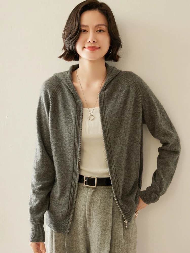 ANGE High-end Women Cashmere Hoodie Zipper Cardigan Sweater Raglan Sleeve 100% Cashmere Knitwear Autumn Winter Warm Korean Tops