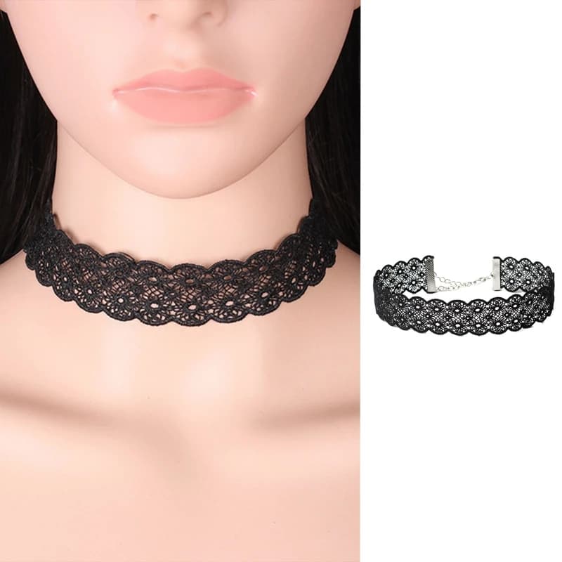 Goth Lace Choker Necklace Gothic Black Hollow Lace Thigh Garter Choker Collar Wide Collar Chocker