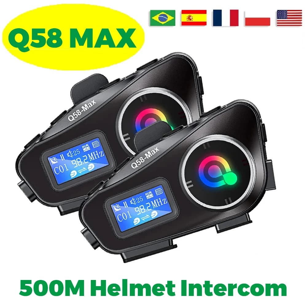 Q58 Motorcycle Helmet Bluetooth Intercom Headset LED Lighting Stereo FM Radio IP65 Waterproof Voice Assistant 500M Interphone