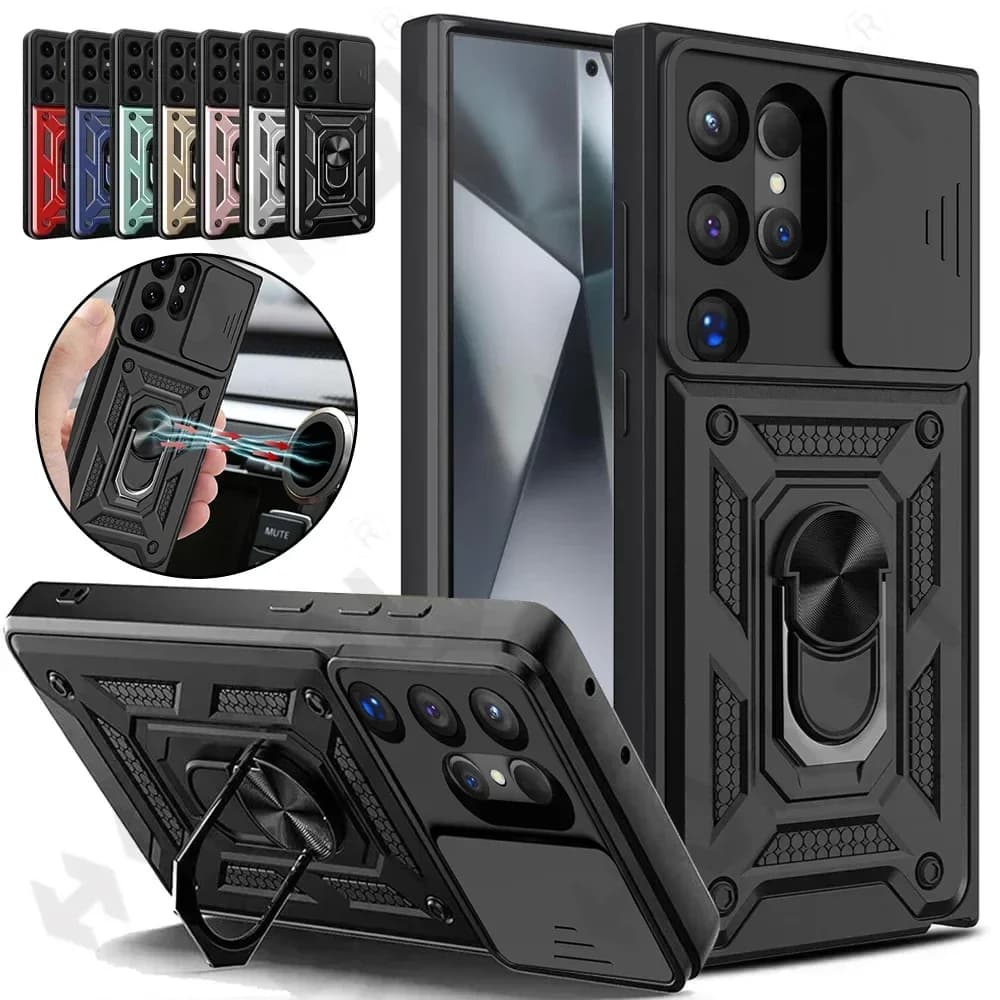 Case For Samsung S24 S23 S22 Ultra S21 S25 FE Galaxy A25 A35 A54 A14 5G Camera Lens Cover Phone Ring Stand Armor rotate Cover