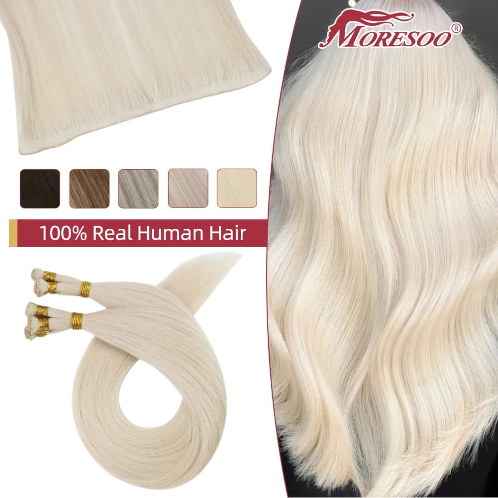 Moresoo Hair Bundles Virgin Hair Double Drawn Extensions Hand Tied Weft 12 Months Brazilian Hair Straight Invisible Sew in Weft