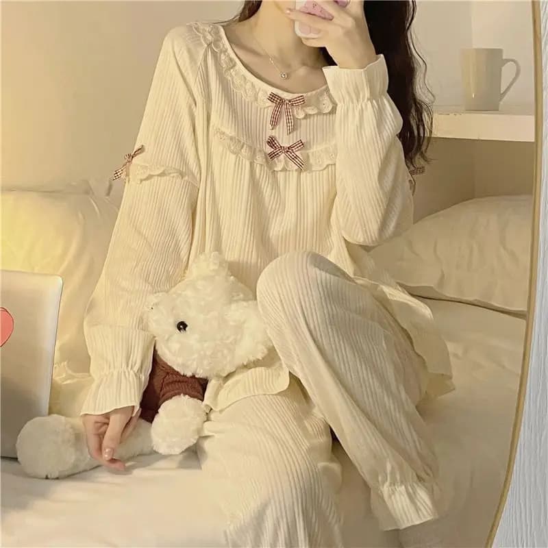 Ruffles Sleepwear Women Pajama Sets Autumn Piiama Solid Bow Pants Sets for Women 2 Pieces Button Korean Night Wears Home Suit