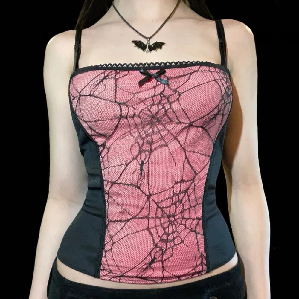 Gothic Vintage Cami Tops Women Mesh Spider Net Lace Tank Vest Female Y2K Sexy Club Crop Tops Harajuku 2000s Clothes Streetwear