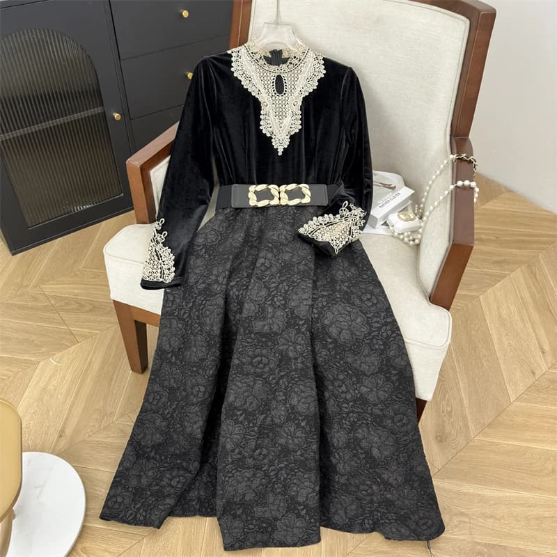 Vintage Autumn Velvet Patchwork Jacquard Party Midi Dress French Women's Stand Collar Embroidery Lace Long Sleeve Belt Vestidos