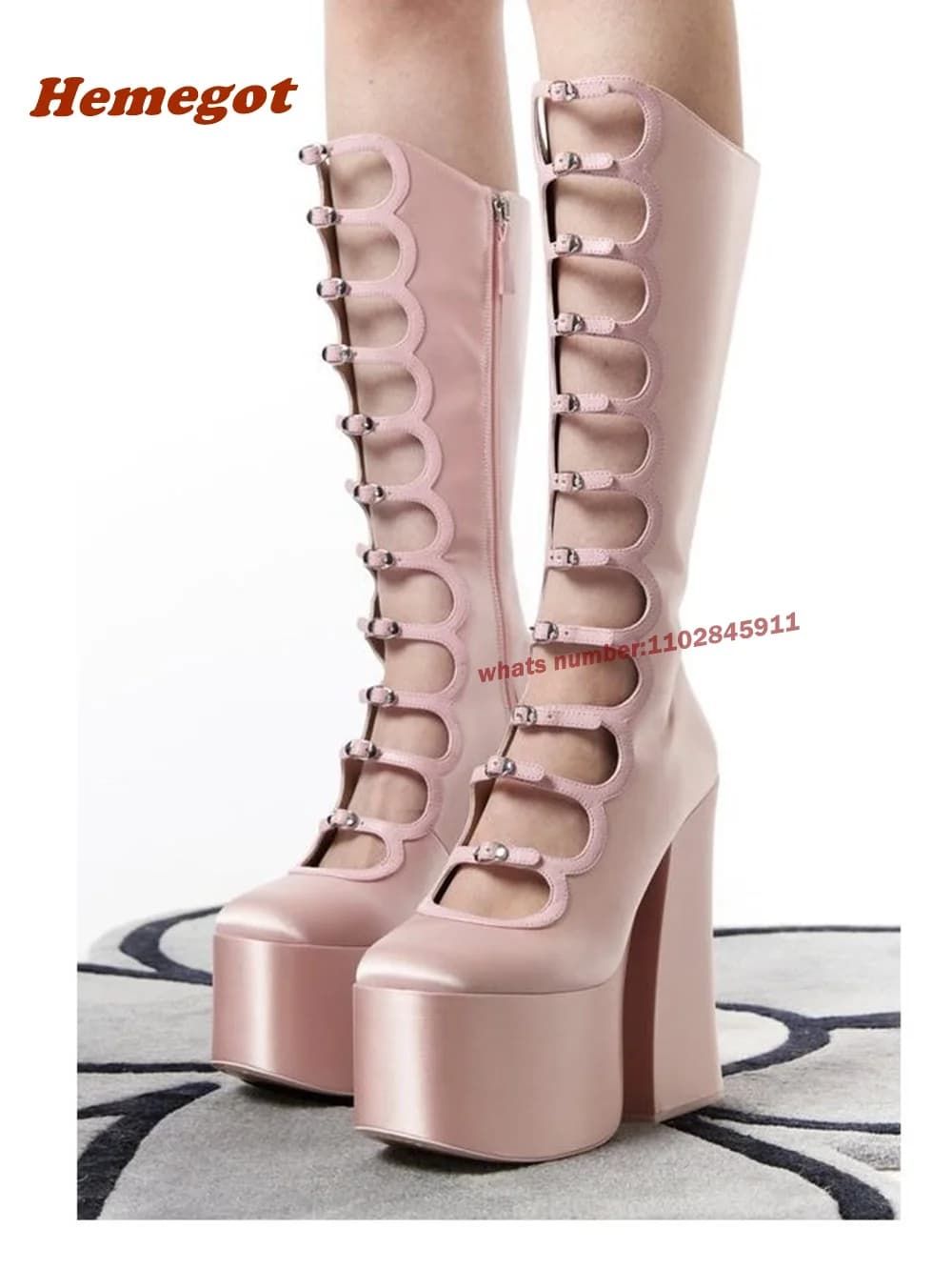 Pink Thick Sole Hollow Calf Boots Side Zipper Square Heels Dance Shoes Round Toe Suuper Heel Sexy Sandals Largr Size Platform