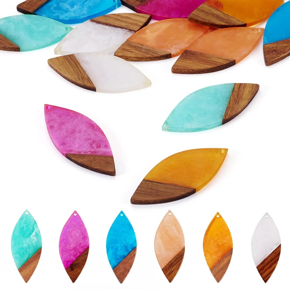 12Pcs Transparent Resin & Walnut Wood Big Pendants Cloud Effect Horse Eye Charms Mixed Color for Making DIY Jewelry Eardrops