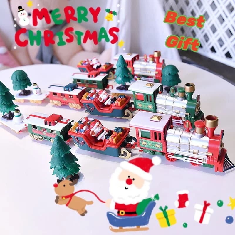 Christmas Train Electric Toys Christmas Tree Decoration Train Track Frame Railway Car with Sound&Light Rail Car Christmas Gifts
