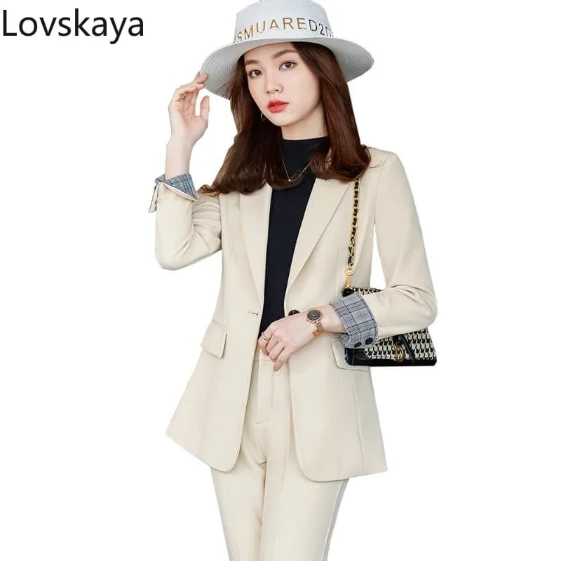 Women Apricot Black Classic Pant Suit 2 Piece Office Ladies Business Work Wear Formal Blazer And Trouser Set