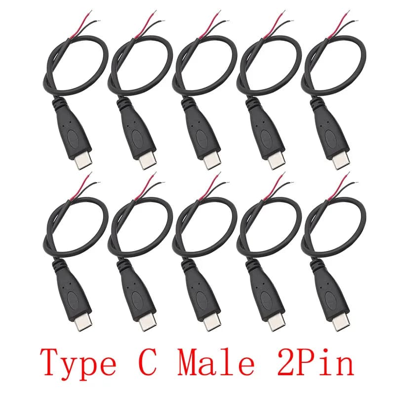10Pcs Black 5V USB Type C Male Plug 2 Pin to Bare Wire Open End Power Wire Connector USB-C DIY Repair Power Charging Cable 24AWG