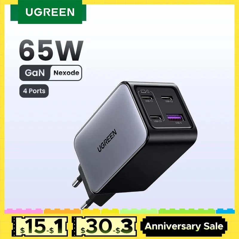 UGREEN 65W GaN Charger 4 Ports USB C Fast Charger Quick Charge 3.0 PD 3.0 For Macbook Air Laptops Tablet iPhone 16 15 14 Pro Max