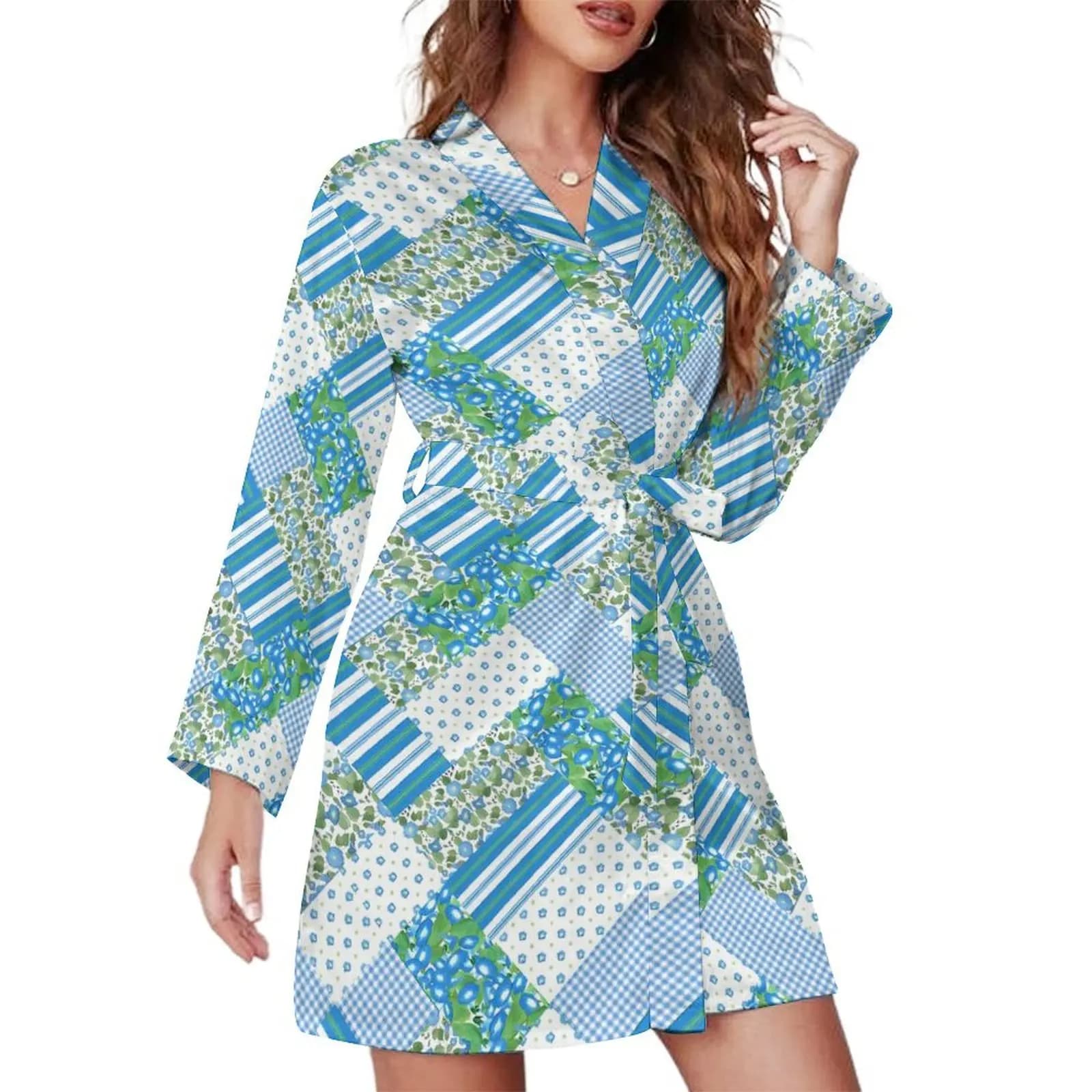 Blue Striped Polka Dot Pajama Robe Patchwork Print Long Sleeve Sexy Pajamas Robes Lady V Neck Room Bathrobe Autumn Graphic Dress