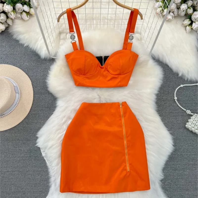 Fashion New Elegant Women Skirts Suit Sleeveless Casual Sexy Strap PU Tanks Tops Mini Skirts Two Pieces Female Outfits Clothes