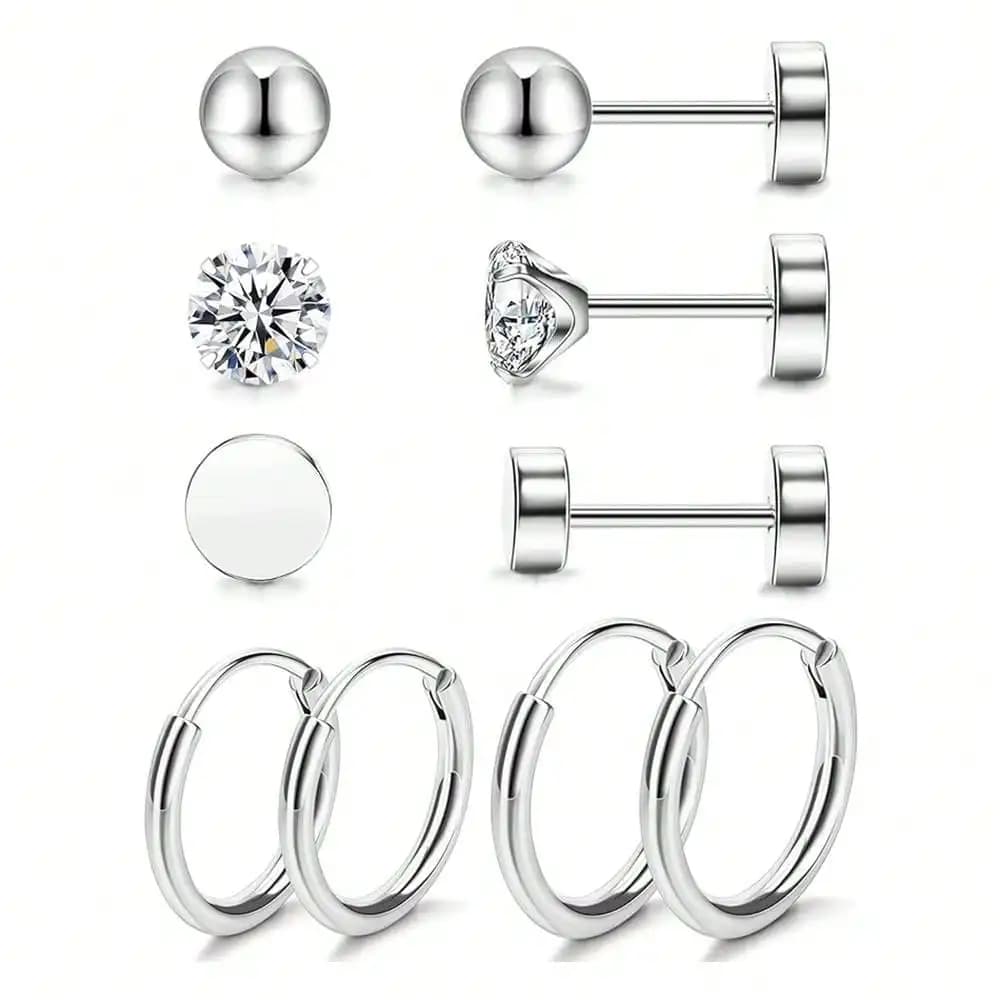 Set Of 5 Pairs Of Fashionable And Simple Cubic Zirconia Stainless Steel Earrings For Women, Mother\ Day Gift