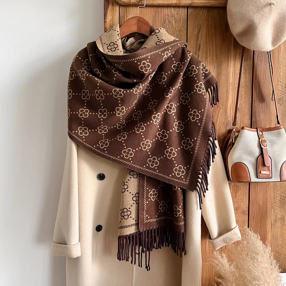 Tassel shawl with winter high-end feel, versatile and simple outer layer, jacquard imitation cashmere warm scarf