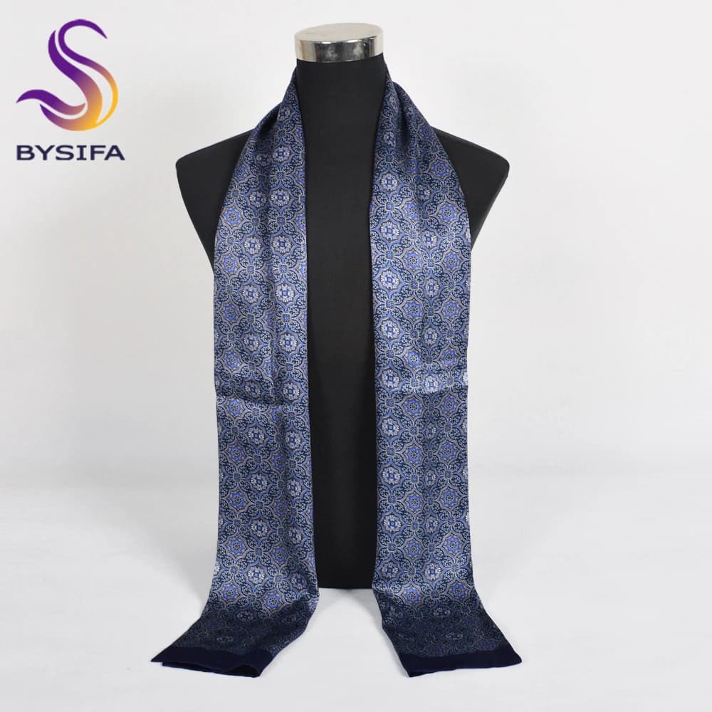 BYSIFA|Grey Blue Silk Cravat Scarf Men Winter Fashion 100% Silk Male Long Scarves Cravats Brand Soft Long Scarf Tie 160*26cm