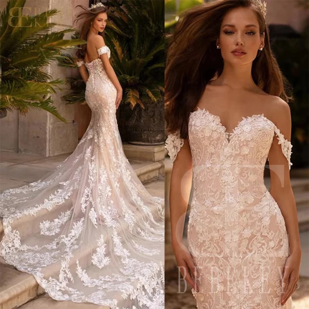 BEBEKEY Elegnt Lace Wedding Dress Customized Off the Shoulder Mermaid Wedding Party Gown Bridal Dresses Formal Gowns