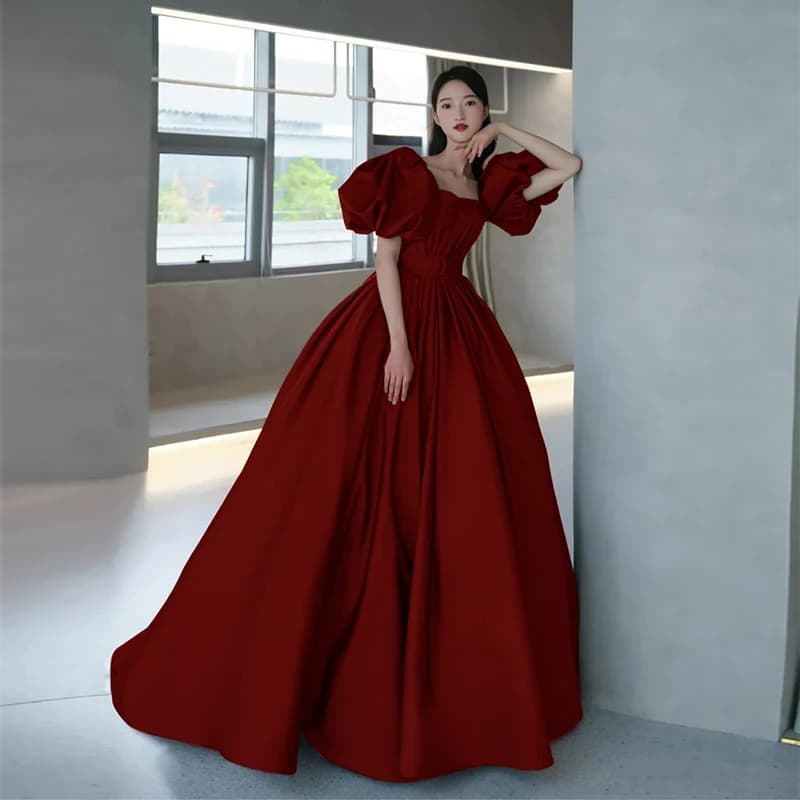 Burgundy Off Shoulder Prom Dress Elegant Square Collar Lace up Backless Large Puff Sleeves Classic Satin Birthday Party Dresses