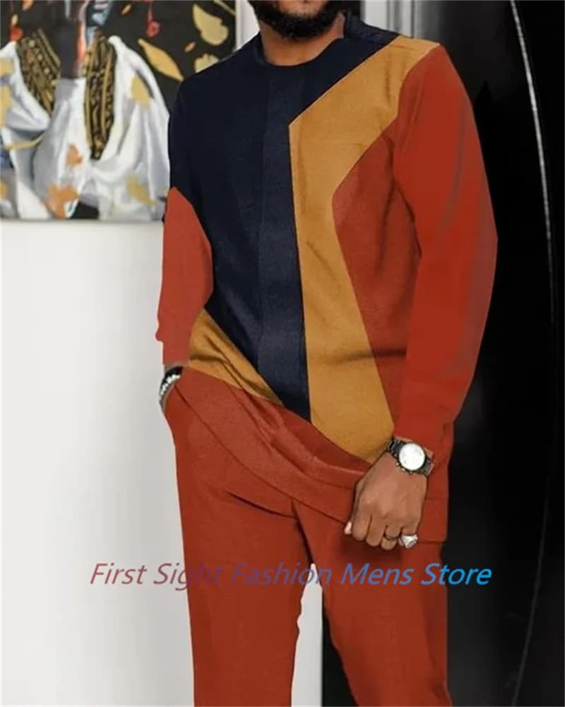 Striped Patchwork Long Sleeve Set Men Clothes Autumn Outfit Oversized Men's T-Shirt Trousers 2-piece Fashion Street Tracksuit