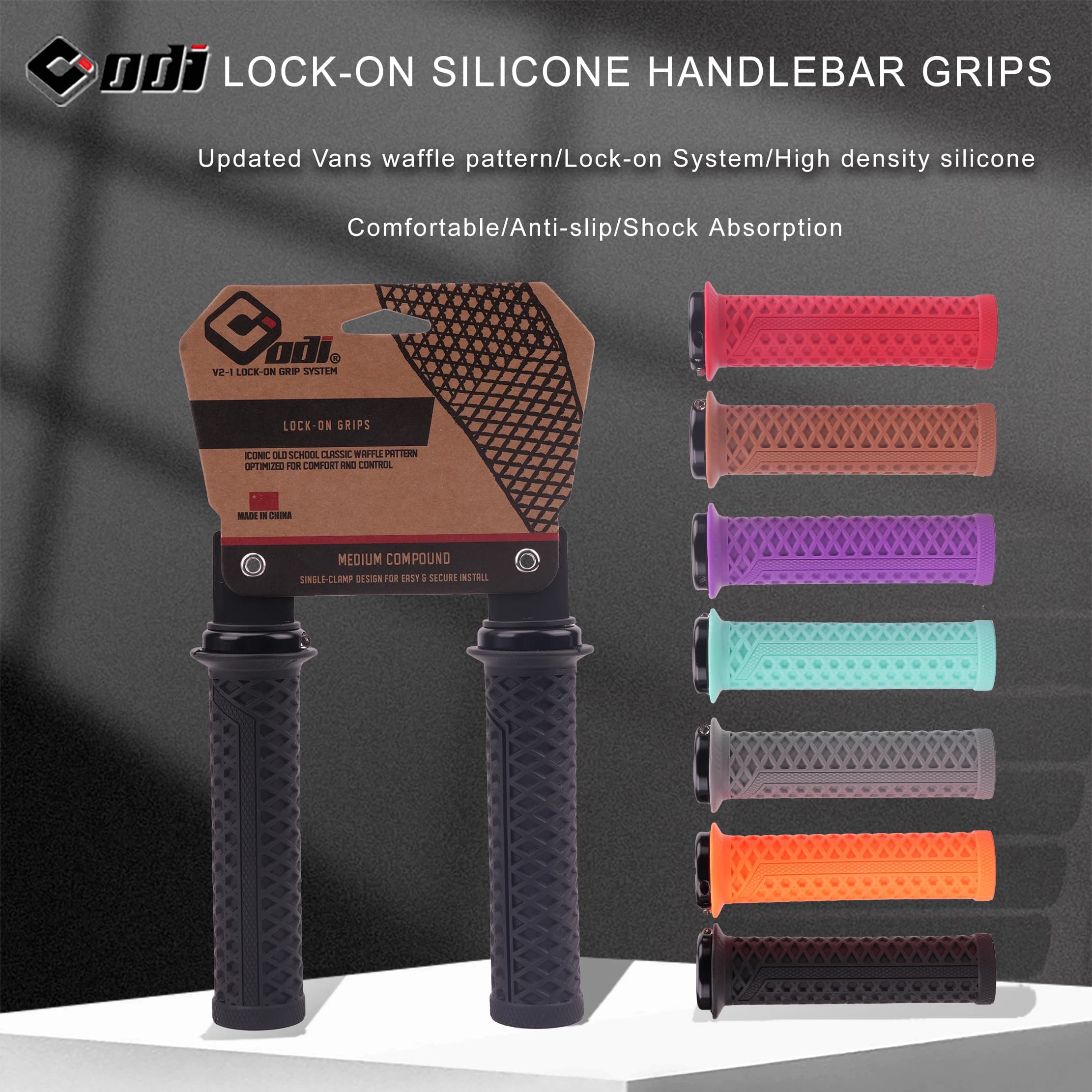 ODI VS-21 MTB Handlebar Grips Silicone Lock-On Bicycle Cover Updated Waffle Pattern Anti-slip Shock Absorption Handle Parts