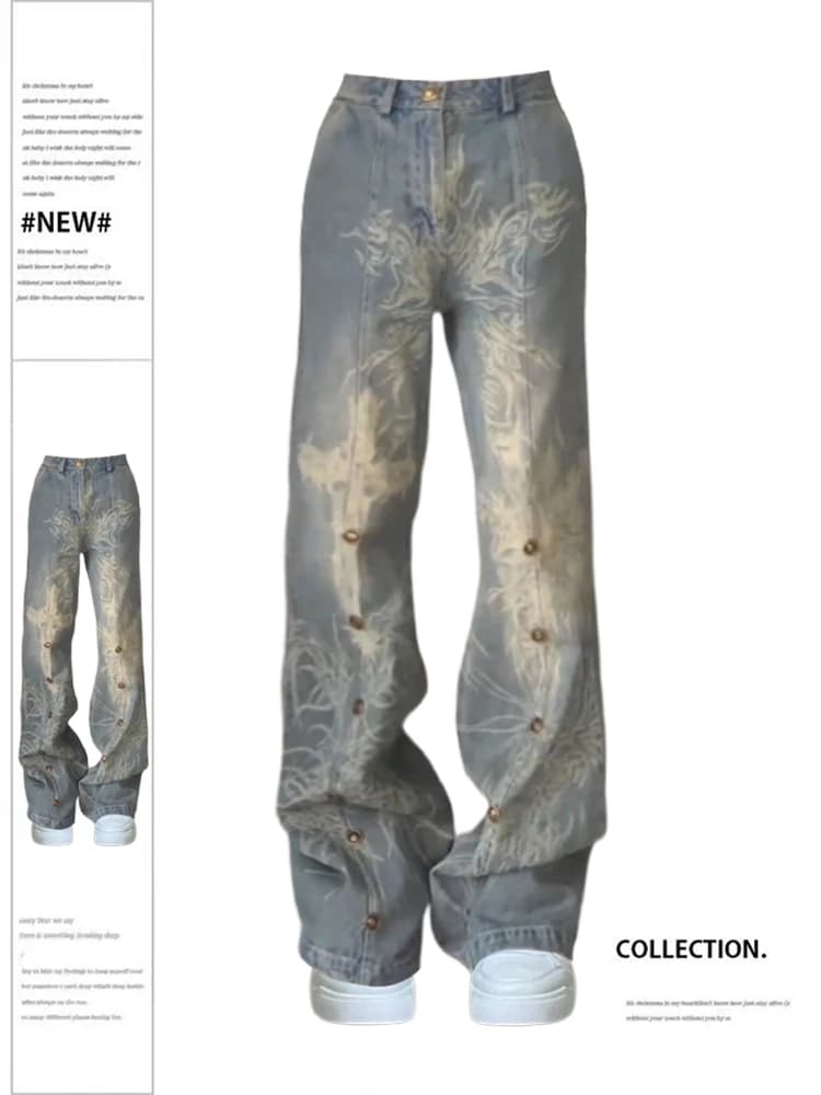 Women Print Jeans Harajuku Vintage 90s Aesthetic Baggy Denim Trouser Y2k High Waist Wide Blue Cowboy Pants 2000s Trashy Clothes