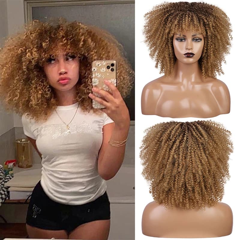 Short Curly Wig 14Inch Fluffy Afro Kinky Curly Wig with Bang Red Natural Synthetic Hair Wig African American Black Ombre Blonde
