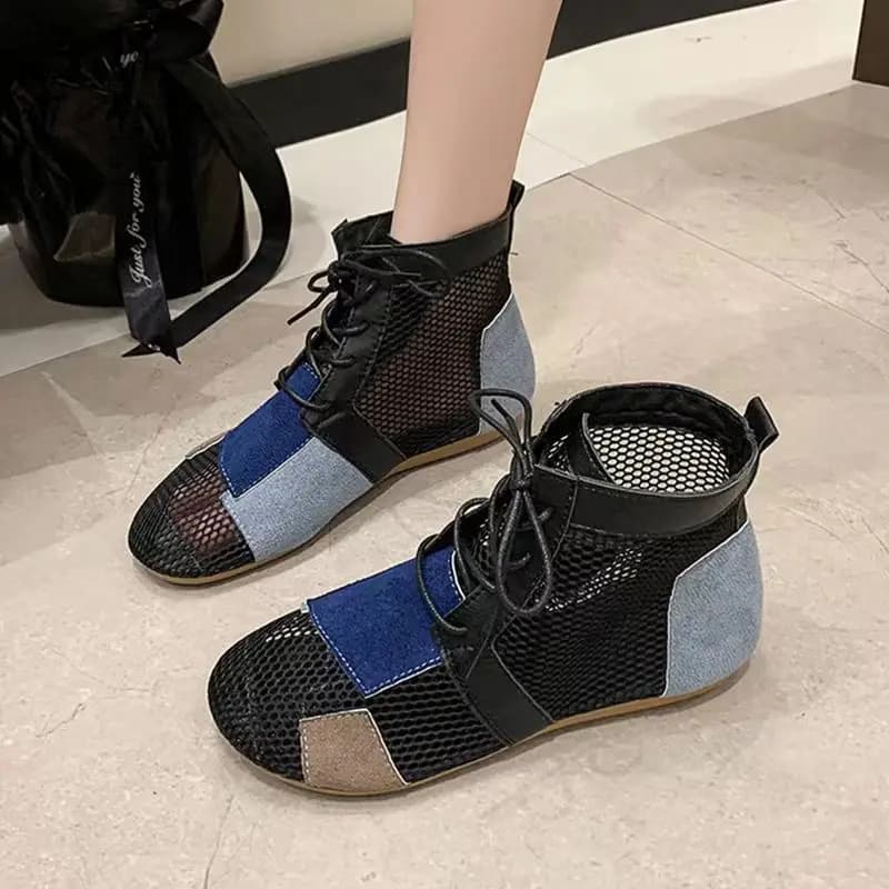 New Summer Women's Mesh Hollow High Top Flat sole Boots Soft Sole Non Slip Breathable Lace Up Mixed Colors Sandals