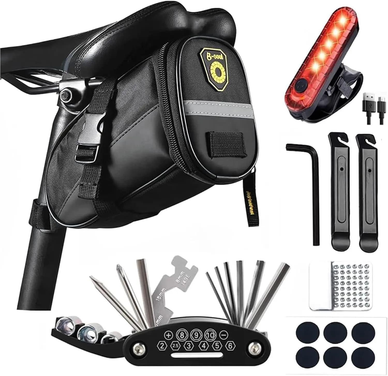 Bike Repair Tool Kit with Mini Bicycle Pump, Bicycle Saddle Bag with Tail Light, 16-in-1 Bike Multitool, Bicycle Tire Repair Kit