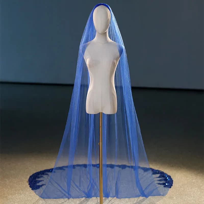 Real Photo 3M Long Blue Wedding Veil Luxury Sequined Lace Edge Green Red Gold Bridal Catherdral Veil with Comb For Photograpgh