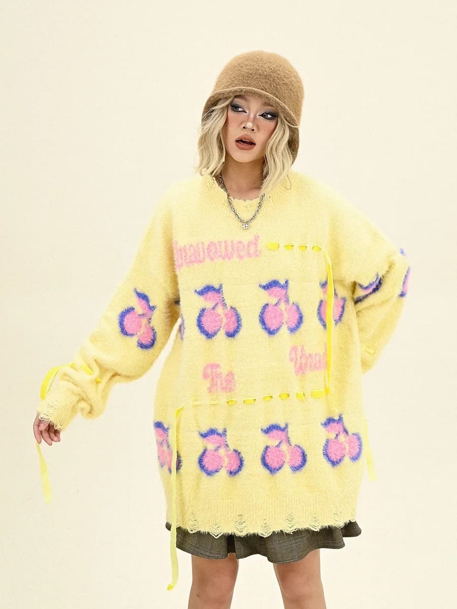 Dopamine Cherry Crew Neck Sweater Women's 2024 Winter New Loose BF American High Street Knitting Tide