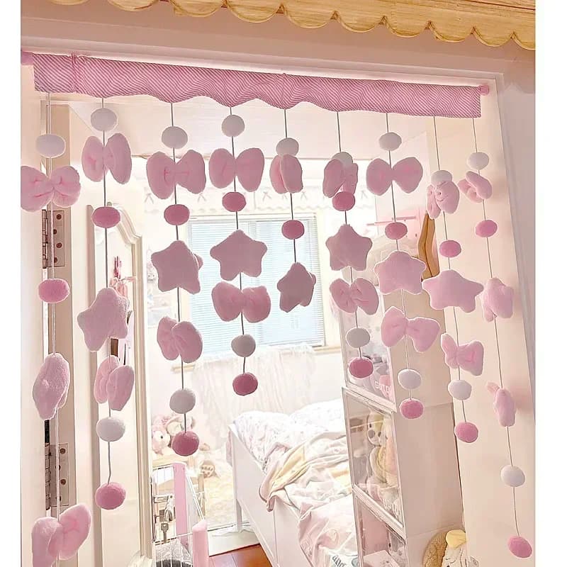 Pink Cute Bow Short Curtain Thread Partition Hanging Window Decor Dormitory Doorway Curtains Bathroom Door Curtain Girls Bedroom