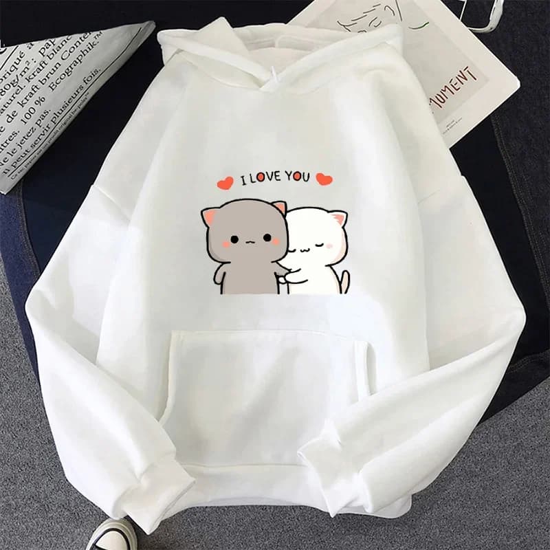 Peach Goma Mochi Cat CouplesI Love You Hoodie Women Autumn Winter Cartoon Sweatshirts Cute Girls Necessary Hoodies Male Hoody