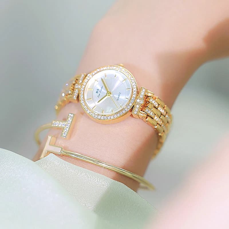 BS Top Fashion Luxury Women Watch Diamond Elegant Dress Quartz Gold Stainless Steel Wristwatches Ladies Clock Watch For Women