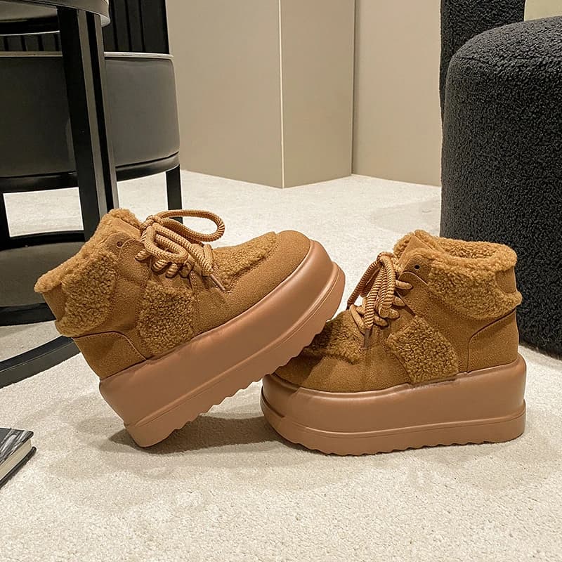 Warm Snow Boots for Women 2024 Winter Plush Cotton Padded Shoes Woman 7CM High Heels Leather Ankle Booties Chunky Platform Shoes