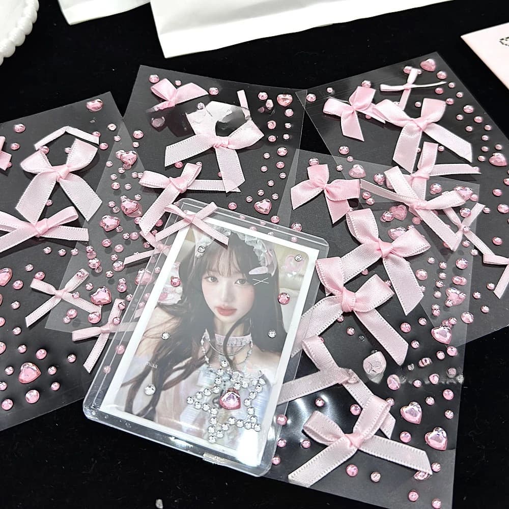 1/2pc 3D Pink love Lace Bow Crystal Stickers DIY Kpop Toploader Deco Stickers for Camera Sparkly Rhinestone Stickers Girls Gifts