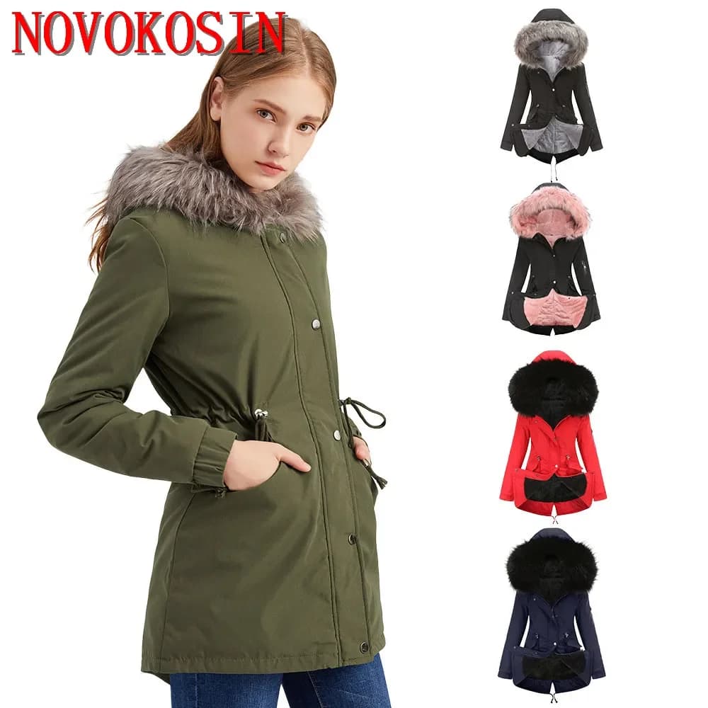 S-5XL Winter Warm Long Parker Overcoat Slim Plush Padded Jacket Women Thicken Lining Velvet Cotton Out Coat With Fur Hooded