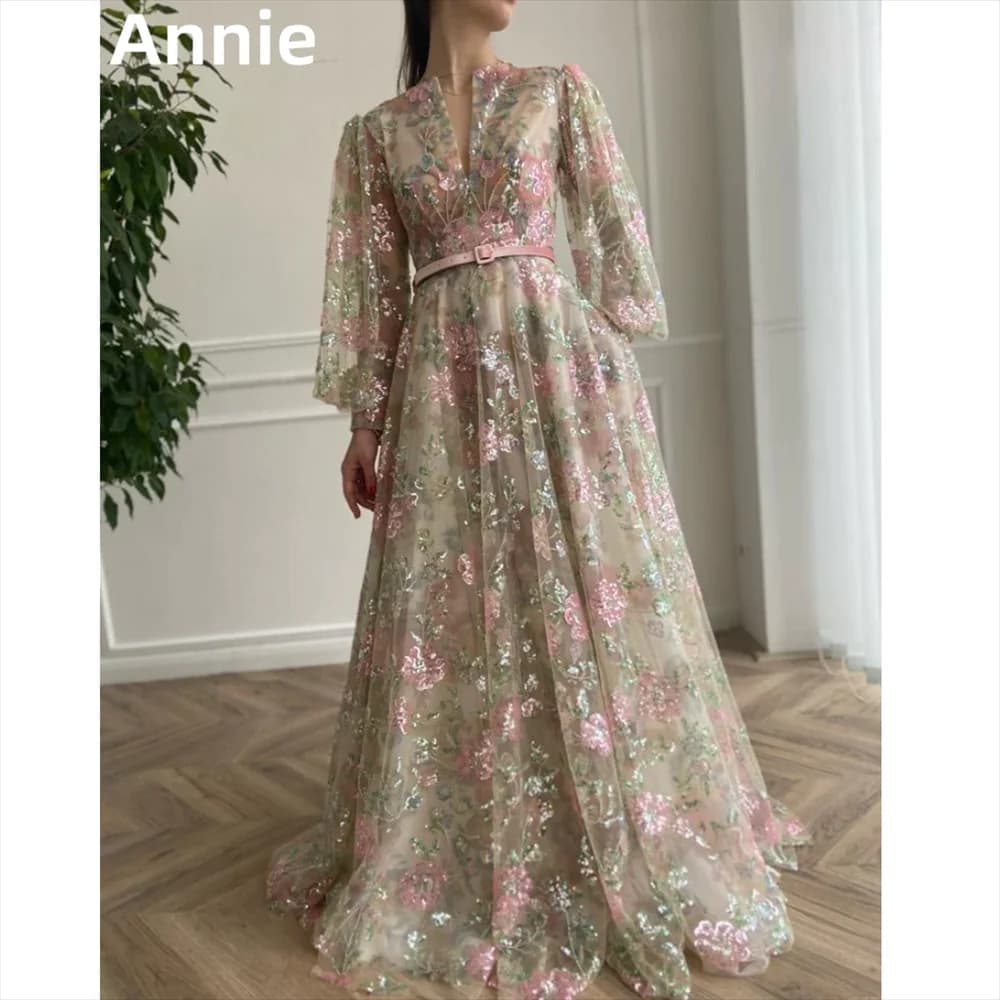Annie Luxury Embroidered Sequins Prom Dresses Elegant Women's Long Sleeves Dresses فساتين السهرة Tulle Party Dress Customized