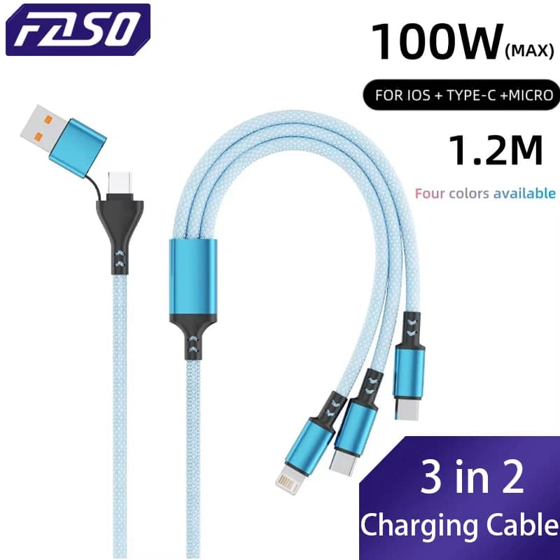FASO 3 In 2 100W Fast Charge Cable Micro USB TypeC Mobile Phone Data Cable For iPhone Huawei Xiaomi Redmi Samsung Charging Cable