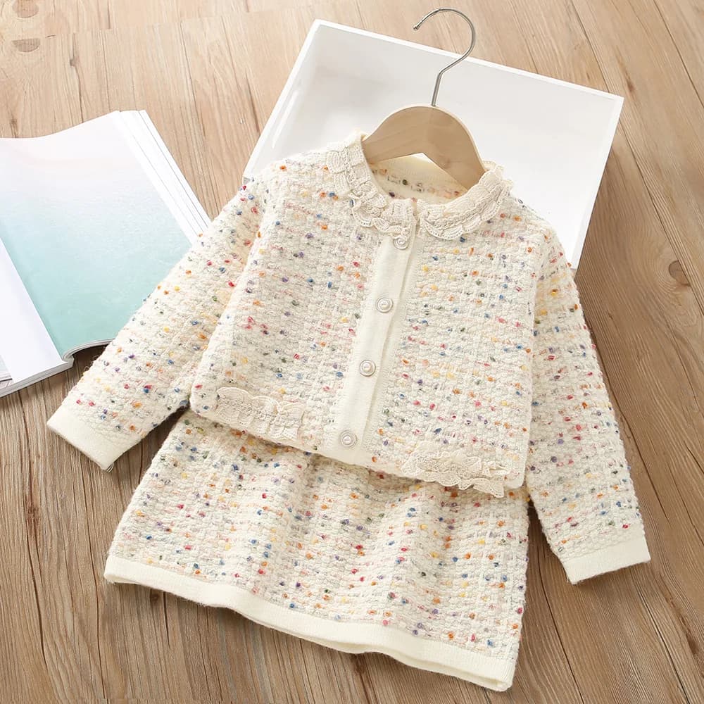 Girls' sweater dress set 2024 autumn and winter new XiaoXiangfeng princess fashion children's knitted cardigan + skirt 2 sets