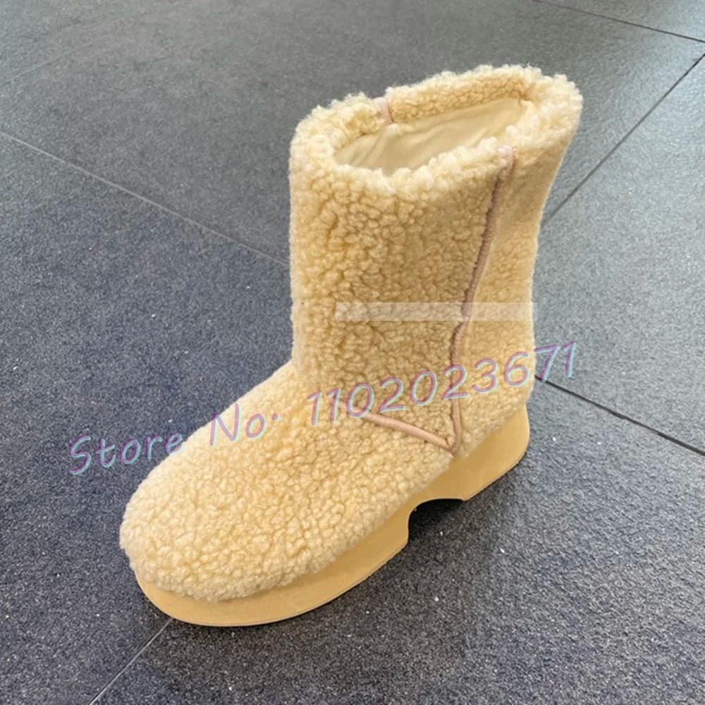 Beige Platform Wool Ankle Boots Women Trends Outfit Winter Warm Slouch Snow Shoes Female Haute Round Tip Luxury Pull On Boots
