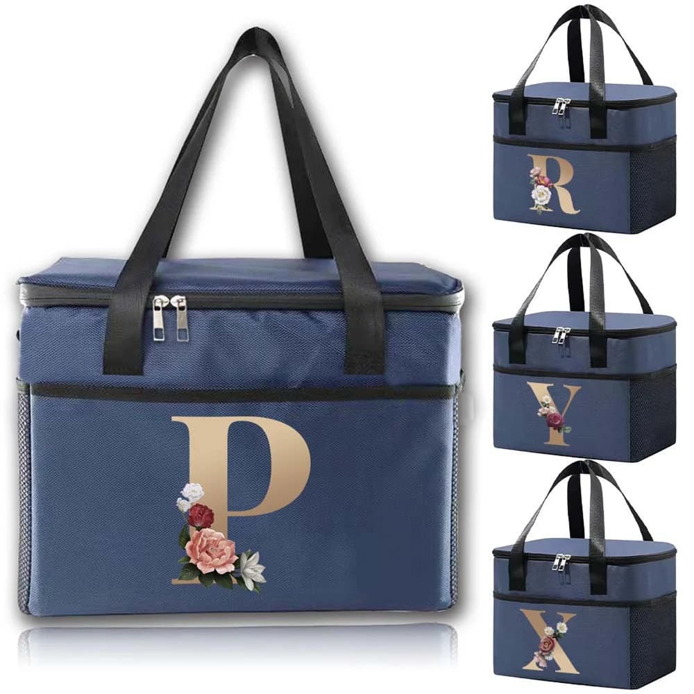 Lunch Bag Cooler Bag Food Storage Bags Blue Thermal Insulated  Hygiene-Friendly Student Lunch Bags Printing Gold Letter Series