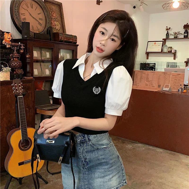 Preppy Style Women Shirt Y2K Patchwork Two Piece Sets Female Blouse Sweet Summer Slim New Turn Down Collar Ladies Crop Tops
