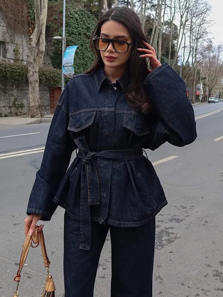Vintage Women With Belt Denim Jacket Pants Set Single Breasted Long Sleeve Jackets Wide Leg Jeans Lady Street Outfits 2025