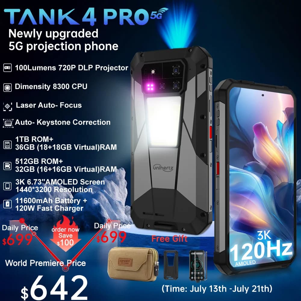 【World premiere】Unihertz by 8849 Tank 4 pro Smartphone 5G with 720P Projector Dimensity 8300 36GB+1TB Cellphone 3k AMOLED
